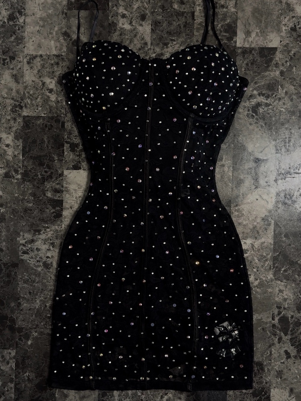 Fashion Nova Black Crystal-Embellished Bustier Mini Dress